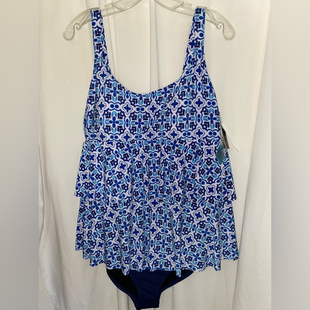 Swim Solutions Blue & White Print High-Low Double Tier Fauxkini Swimsuit Sz 18